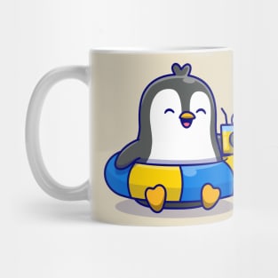 Cute Penguin With Swimming Tires And Orange Juice Cartoon Mug